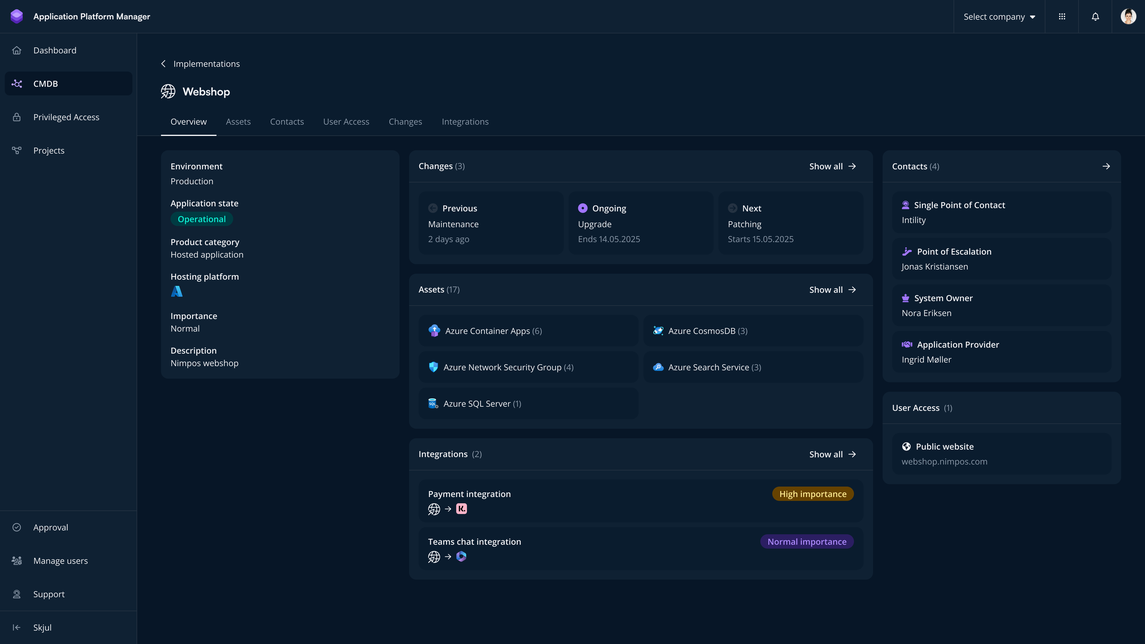 Application management dashboard showing status, assets, integrations, contacts, and user access.