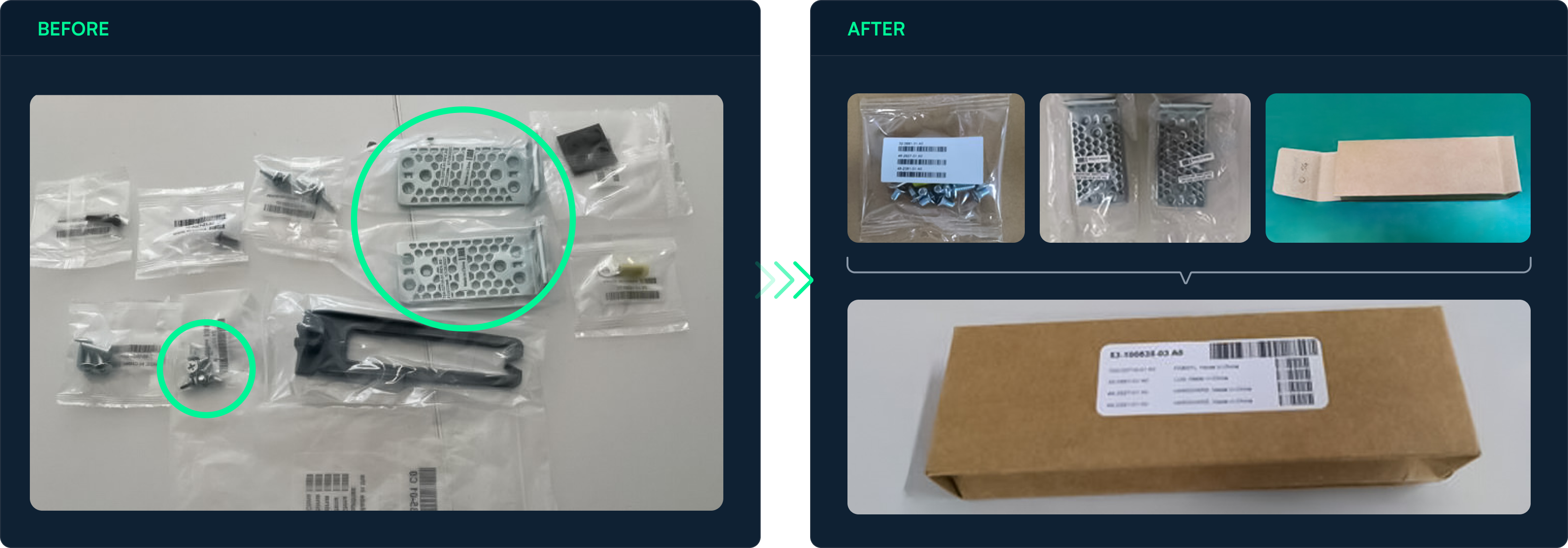 Comparison of product parts in multiple plastic bags before versus consolidated packaging after. 