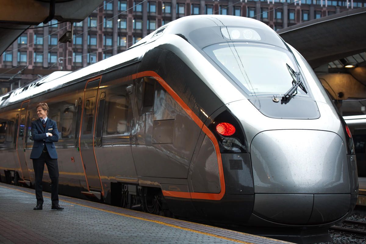 Airport Express Train stationed at Oslo Central Station.