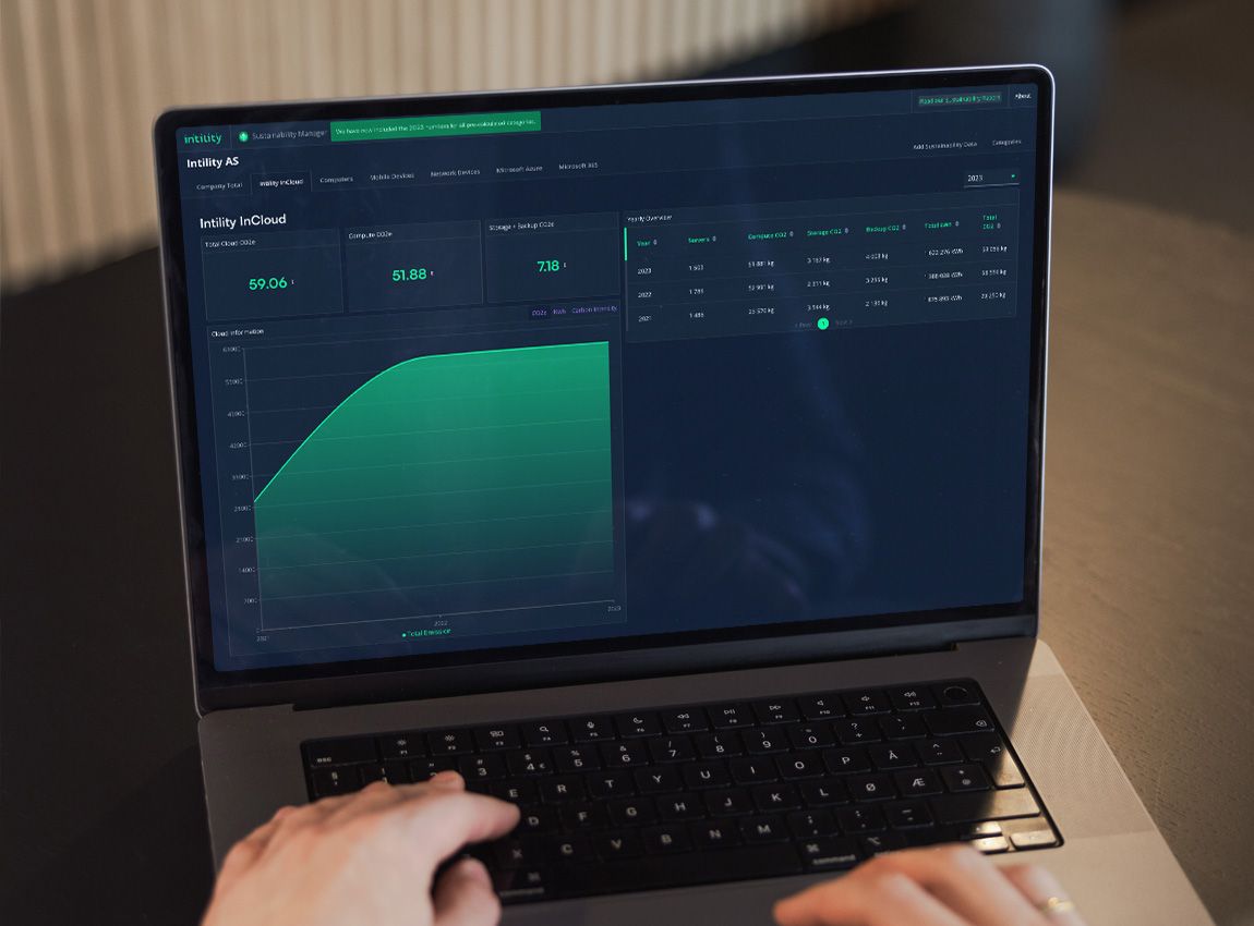 Person working on laptop with a sustainability dashboard showing emissions data from InCloud.