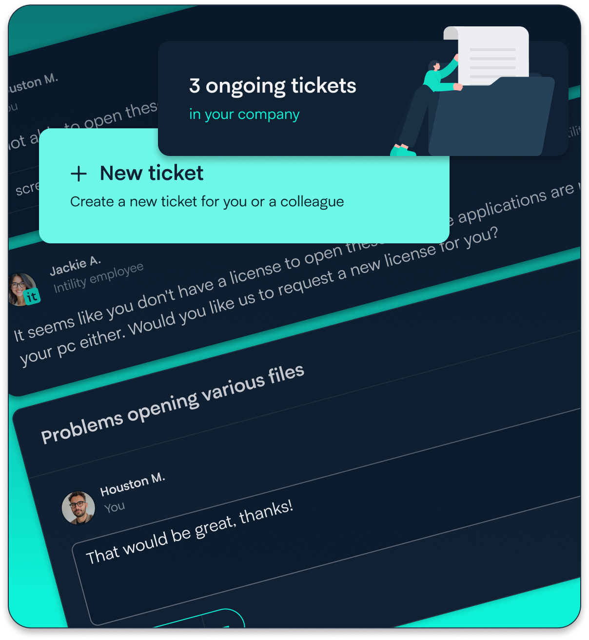 IT support ticket dashboard showing ongoing tickets, new ticket creation, and chat conversations about file access issues.