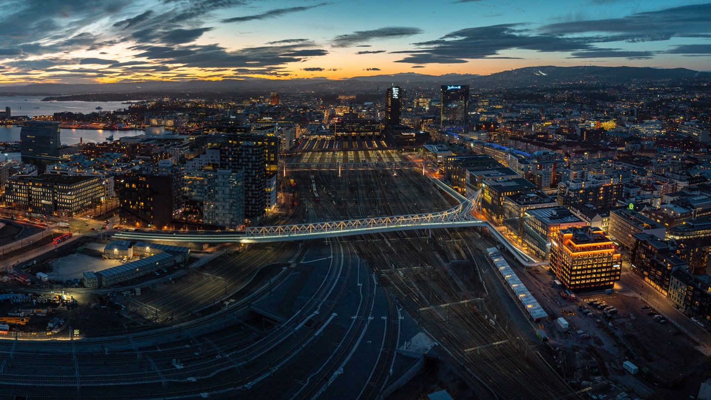 Aerial shot of Bjørvika in Oslo, with Intility's headquarters to the right. 